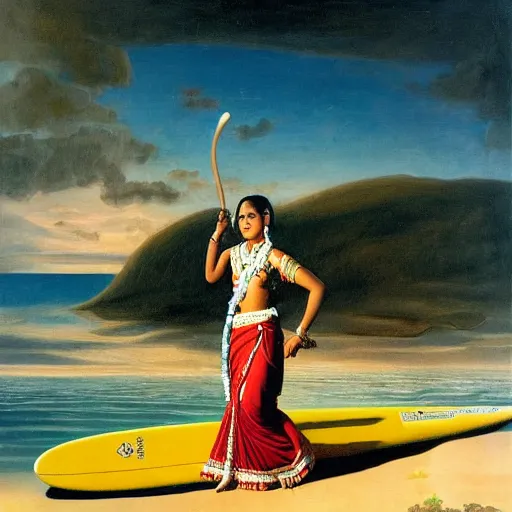 Prompt: by carel willink passionate indian. the assemblage of a young girl in a traditional hula outfit. she is standing on a surfboard in front of a beautiful ocean landscape.