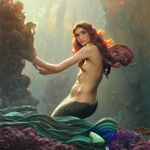 Image similar to a mermaid stuck in an oil slick, ultra realistic, concept art, intricate details, highly detailed, photorealistic, octane render, 8 k, unreal engine. art by artgerm and greg rutkowski and magali villeneuve and alphonse mucha