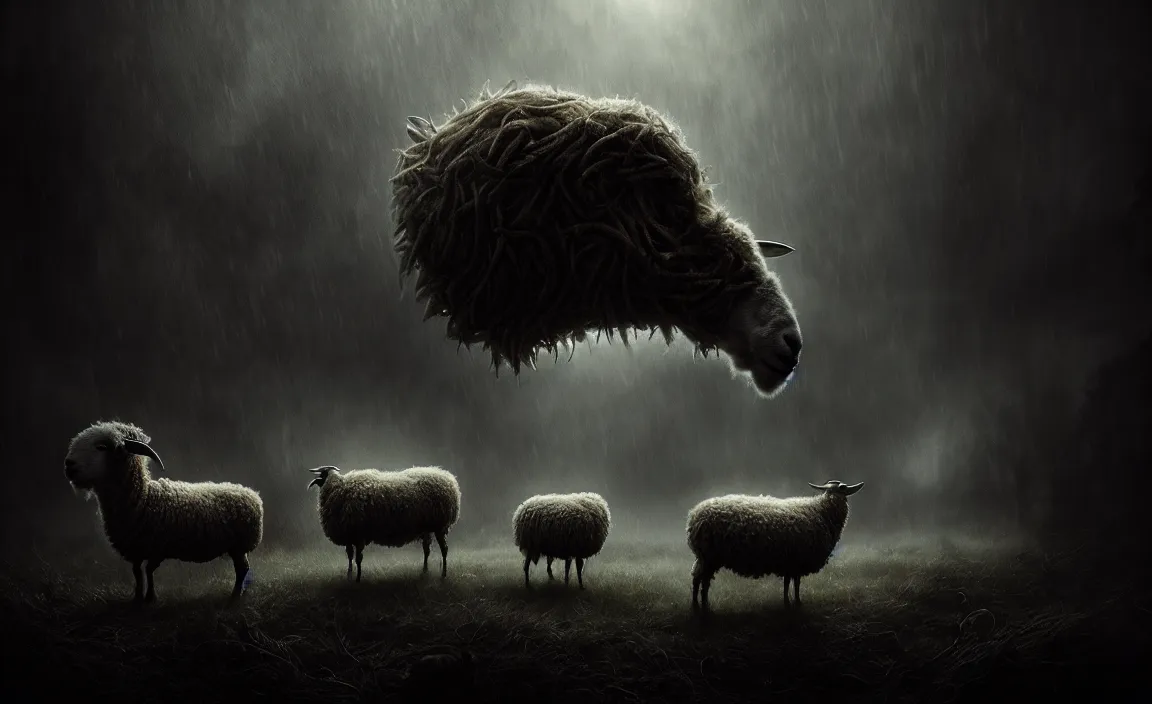 Image similar to epic professional digital art of monstrous sheep, moody atmospheric lighting, intricate, foreboding, detailed, by leesha hannigan, ayne haag, reyna rochin, ignacio fernandez rios, mark ryden, iris van herpen, artstation, cgsociety, epic, stunning, gorgeous, much wow, cinematic, masterpiece.