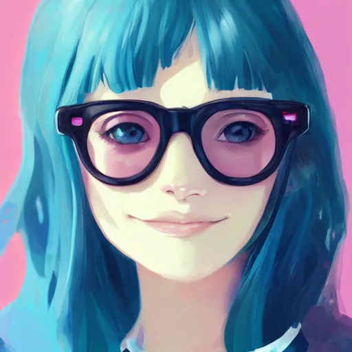 Prompt: portrait of a smiling young teenage girl ( joey king ), light brown long wavy hair, clear blue eyes, pink glasses, in the style of makoto shinkai and artgerm and loish, dynamic lighting trending on artstation