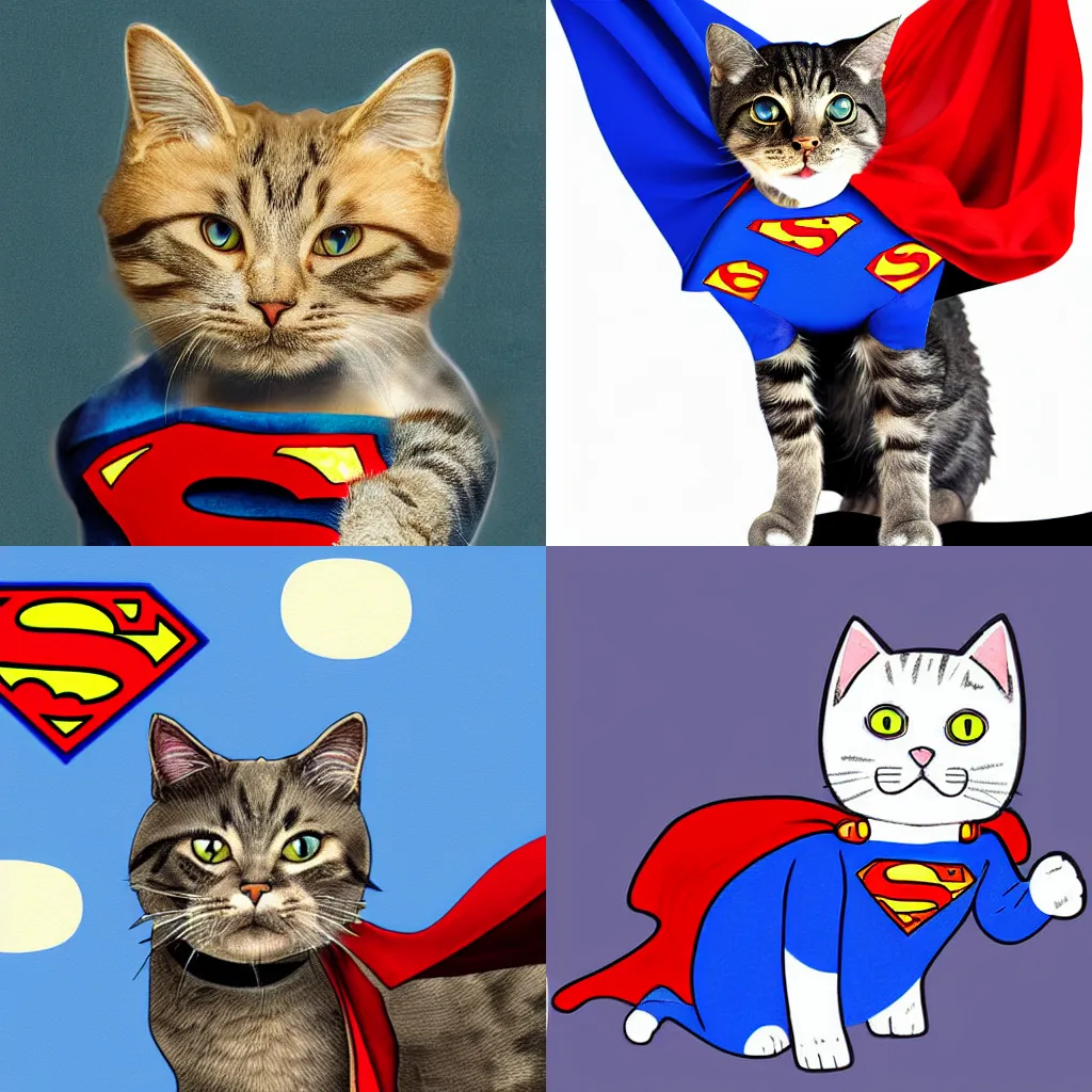 Prompt: cat in a superman costume, digital art