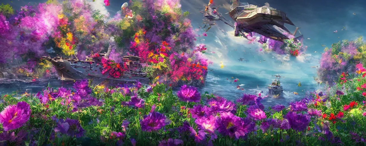 Image similar to a fantasy battle ship fly upon a sea of flowers, wide apertture, colorful, trending on artstation, 8 k resolution, ultra detailed, hyperrealism, unreal engine render