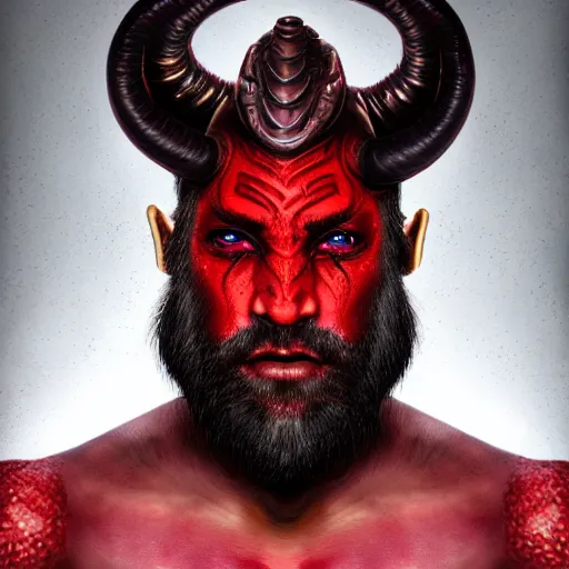 Image similar to dnd portrait of a tiefling, male, red scales and red skin, a big black beard, completely golden eyes, 2 ram horns growing out of his forehead,