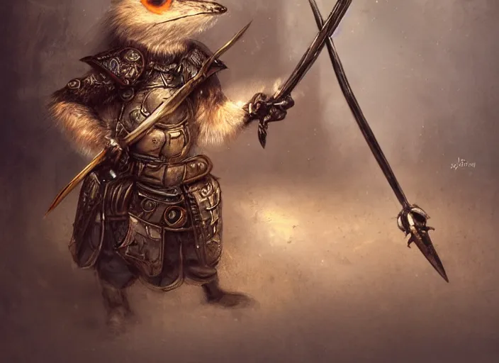 Prompt: ashigaru steampunk feathered mouse, lacquered armor, polearm glaive, cute but determined, hard focus, art station, by jessica rossier and brian froud, cinematic