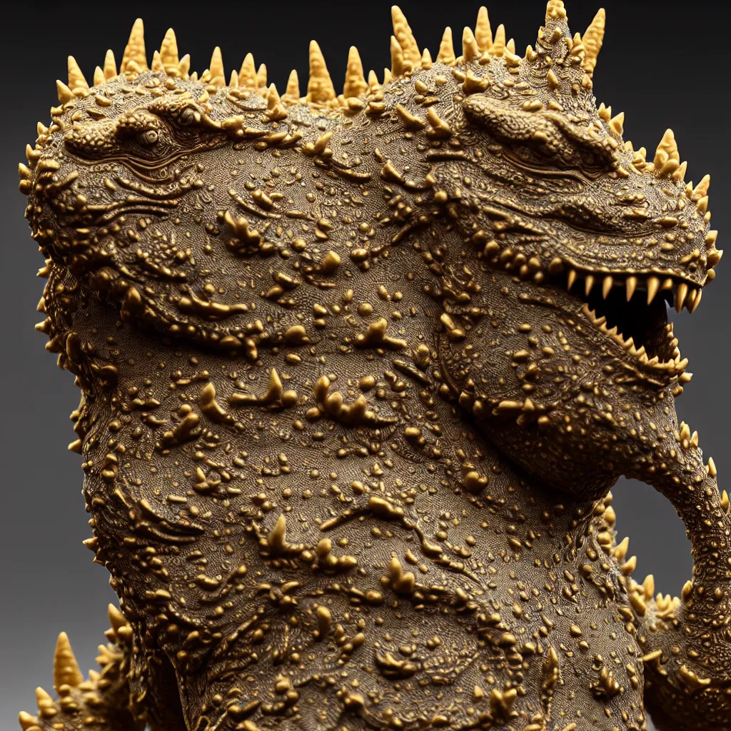 Prompt: a single close up photo - real delicate ceramic porcelain sculpture of an ornate symmetrical godzilla detailed in front of an intricate background by victo ngai and takato yamamoto, micro detail, backlit lighting, face in focus, subsurface scattering, translucent, thin porcelain, octane rendered, colorful, physically based rendering, japanese pottery, trending on cgsociety