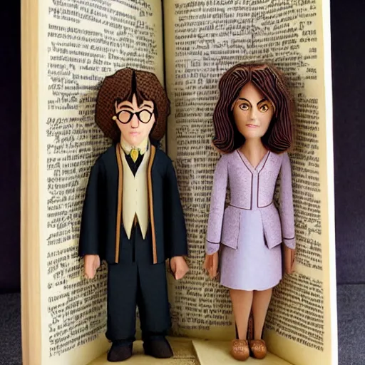 Image similar to cut paper sculpture of harry potter and hermione granger in a book