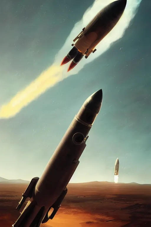 Image similar to poster artwork. distant rocket taking off. on the horizon. during golden hour. symmetry. washed out. desaturated. cinematic. art by wlop, mars ravelo and greg rutkowski.