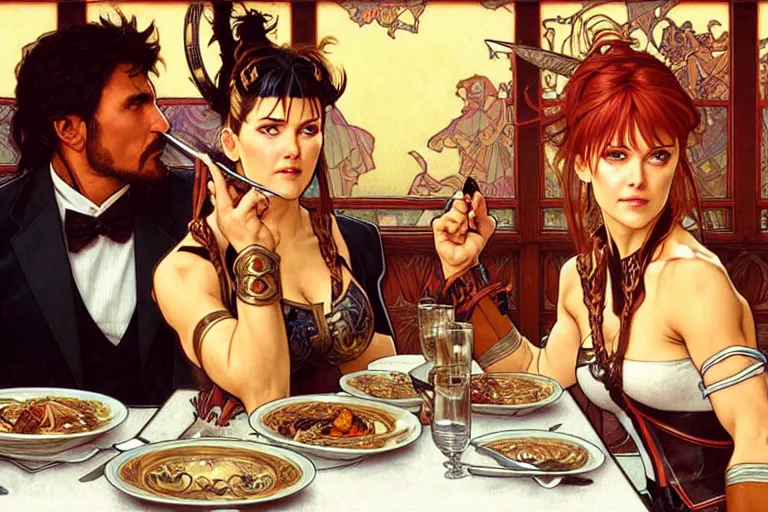 Image similar to xena warrior princess eating at a restaurant, with a hispanic man in a suit as her companion, art by artgerm and greg rutkowski and alphonse mucha