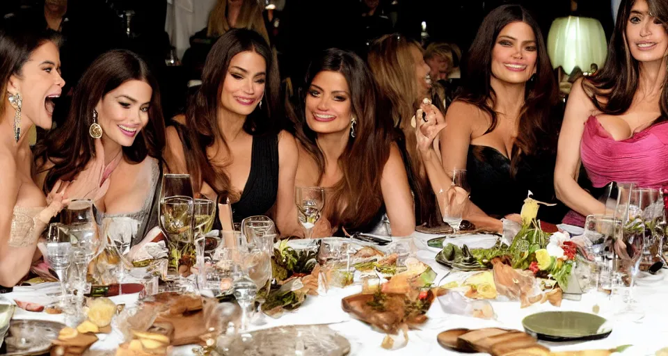 Image similar to candid group photo of sofia vergara, and salma hayek, and penelope cruz, and catherine zeta jones, and eva mendes, sitting around a long table at a dinner, laughing