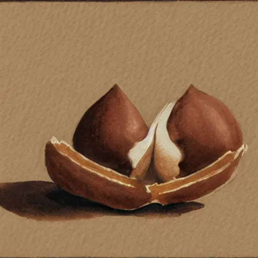 Prompt: a hazelnut next to a blob of milk chocolate, white background, macro, ultra detailed, intricate, sharp focus, watercolour illustration by John Singer Sargent, 8K