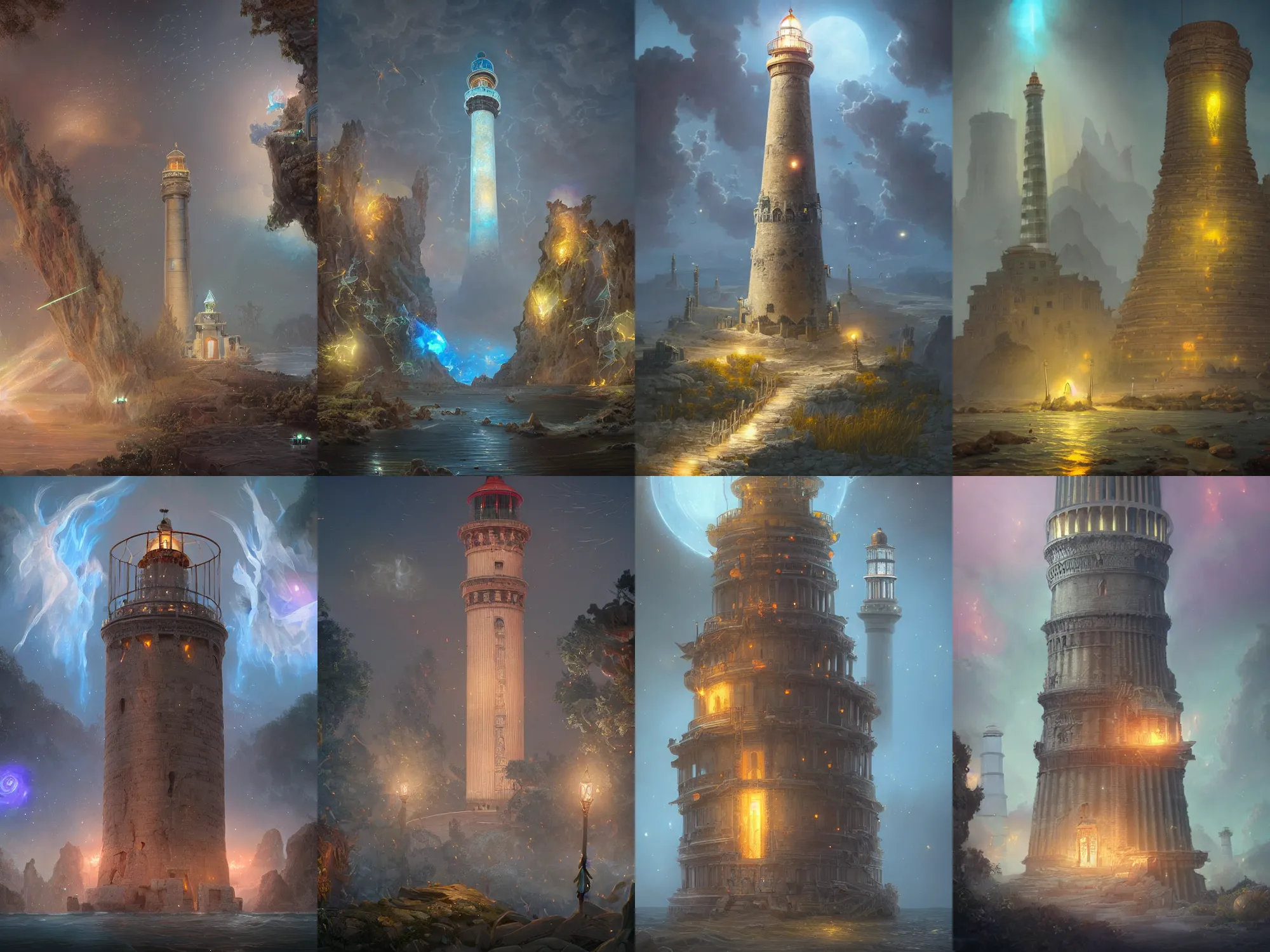 Prompt: a 12x(very) much detailed wonderously complicated Glorious Remastered in Unreal Engine 5.1 With Lumen and Volumetrics Exterior Shot of Angelic Glass Lighthouse of Alexandria, light of sorrow, epic shafts, swarm of fireflies, magic atmosphere, in Style of Peter Mohrbacher, cinematic lighting