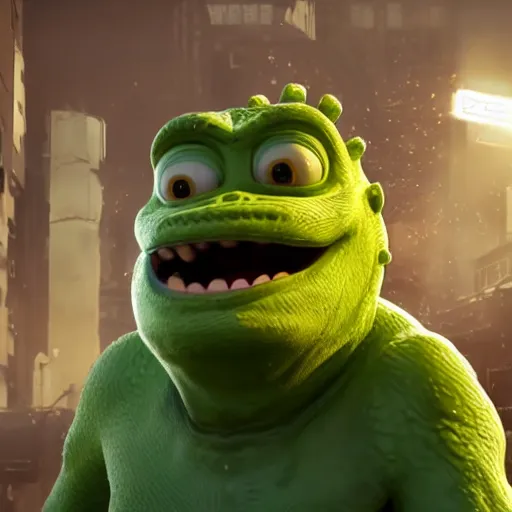 Image similar to mr. bean godzilla super mario pickle rick yoda donkey kong pikachu yeti shrek spongebob homer groot kermit in gears of war, splash art, movie still, detailed face, photorealistic facial features, cinematic lighting, dramatic, octane render, long lens, shallow depth of field, bokeh, anamorphic lens flare, 8 k, hyper detailed, 3 5 mm film grain