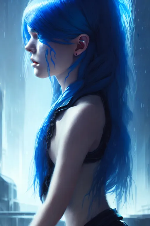 Image similar to a young, slender girl, with fiery blue hair and bright eyes, hyperrealistic face, beautiful eyes, fantasy art, in the style of greg rutkowski, intricate, hyperdetalized, smooth, cyberpunk, tech