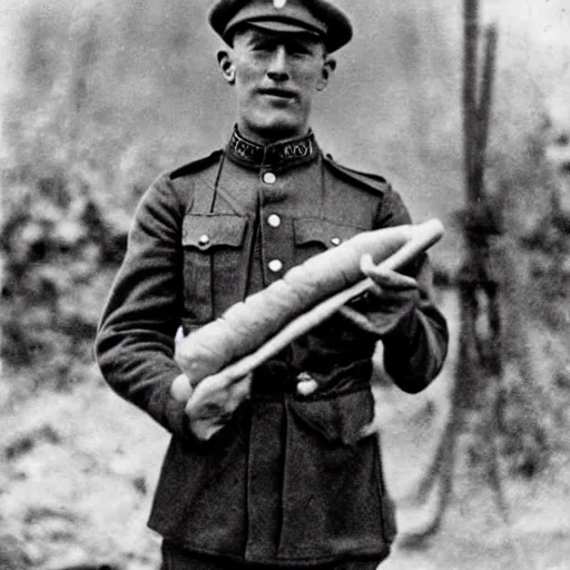 Image similar to WW1 photograph of a soldier wielding a hot dog like a gun