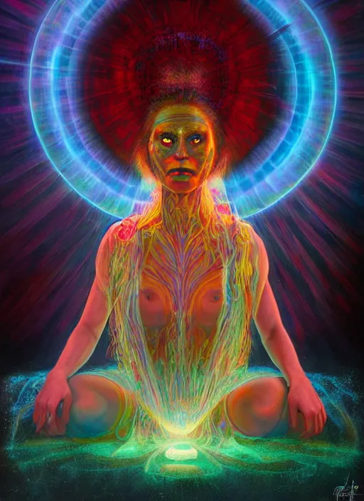 Image similar to portrait ultra dimensional enlightened cult girl shaman, tripping on dmt salvia, psychedelic experience, ascending through the fifth dimension moving at the speed of light and sitting still, ultra high definition, unreal engine 5, hyperrealism, masterpiece composition, by peter kemp, casey weldon, barclay shaw