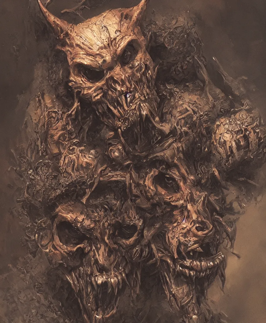 Image similar to bust portrait close up devil with skull on hand, illustrated by Simon Stålenhag and Gaston Bussiere, intricate, ultra detailed, photorealistic, trending on artstation