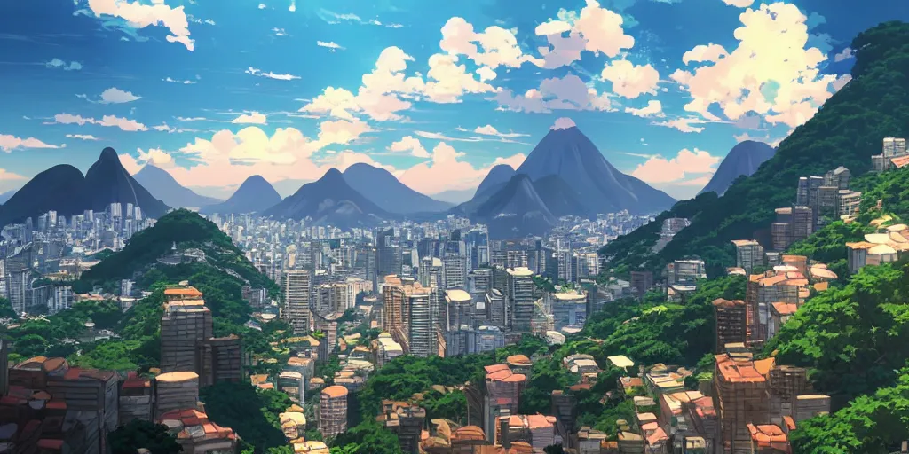 Image similar to rio de janeiro in an anime film, directed by makoto shinkai, cinematic, key visual, highly detailed, sharp focus