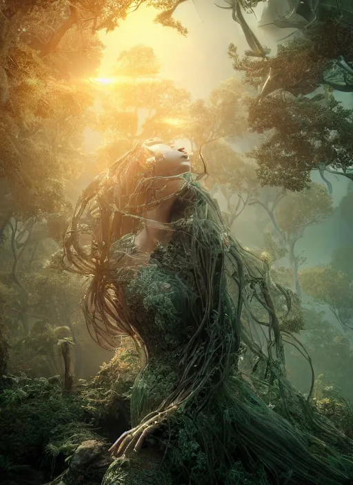 Image similar to stunning biomechanical incredible hair, masterpiece crystalline incrustations, hyperdetailed face, elegant pose, movie still, intricate, octane render, cinematic forest lighting, cgsociety, unreal engine, crepuscular rays, god rays