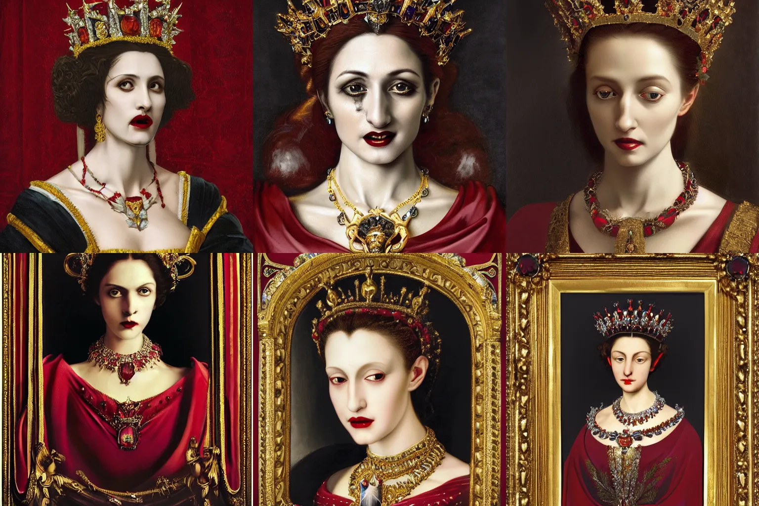 Image similar to A extremely highly detailed majestic hi-res beautiful immaculate head and shoulders painting of a beautiful bloody vampire woman with fangs wearing a long royal red silk dress, the crown jewels is on her head and around her neck is a ornate golden necklace decorated with diamonds and rupees by Michelangelo Merisi da Caravaggio, high detail, hyperrealistic, photorealistic, octante render, cinematic, high textures, royaltly, royal, hyper sharp, 4k insanely detailed and intricate, hypermaximalist, 8k, hyper realistic, super detailed, 4k HDR hyper realistic high,