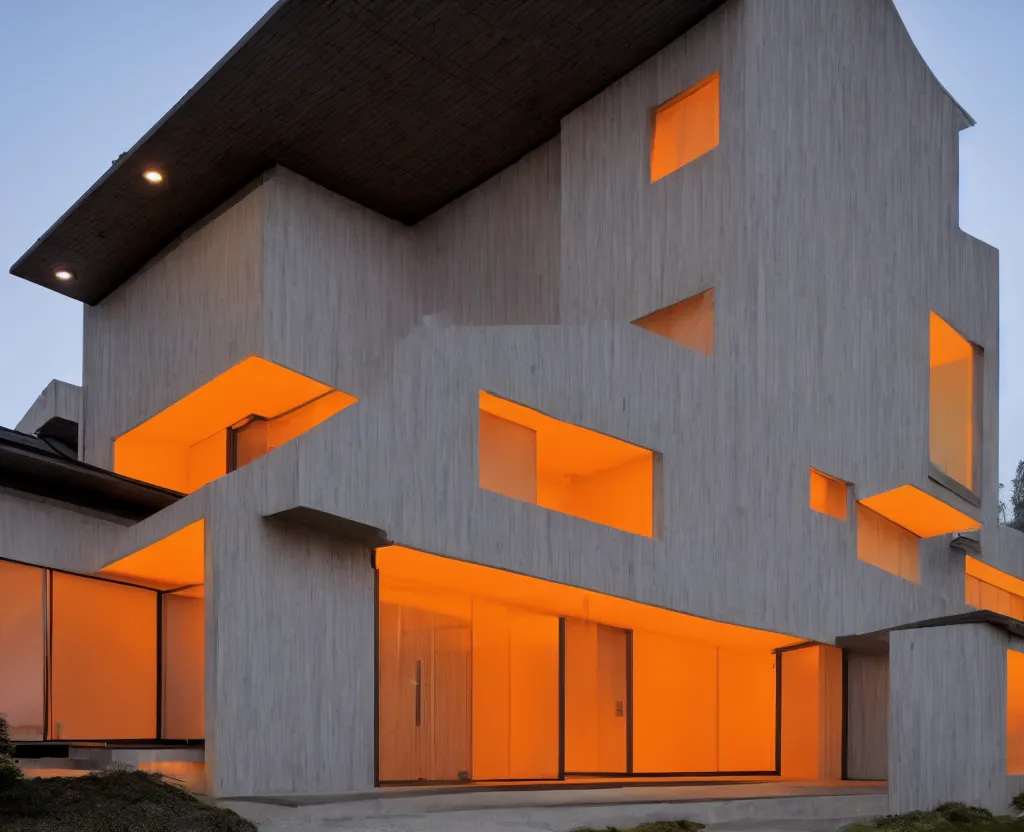 Prompt: photo of the exterior of a futuristic japanese house, dramatic lighting, smoke, ceiling fluorescent lighting, black and orange colour palette