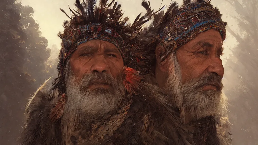 Image similar to highly detailed portrait of a grizzled indigenous man, feathered headdress, traditional clothing, unreal engine, fantasy art by greg rutkowski, ferdinand knab, makoto shinkai and lois van baarle, ilya kuvshinov, rossdraws, tom bagshaw, global illumination, radiant light, detailed and intricate environment