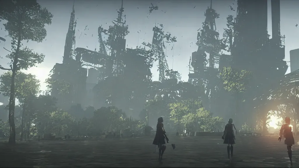 Prompt: Screenshot from Nier Automata, beautiful landscape in Paris