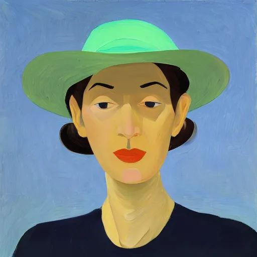 Image similar to young woman with hat, by Alex Katz, colorful, oil on canvas