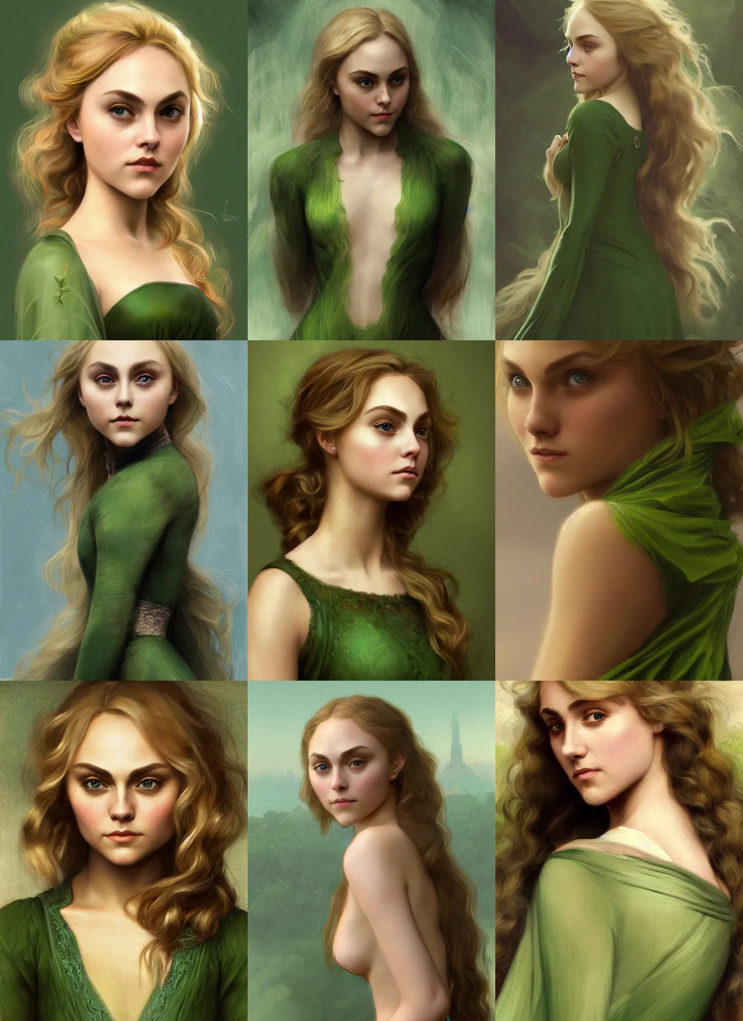 Prompt: portrait of Annasophia Robb wearing green himation, olive skin, long blond hair, intricate, elegant, highly detailed, digital painting, artstation, concept art, smooth, sharp focus, illustration, mucha, bouguereau