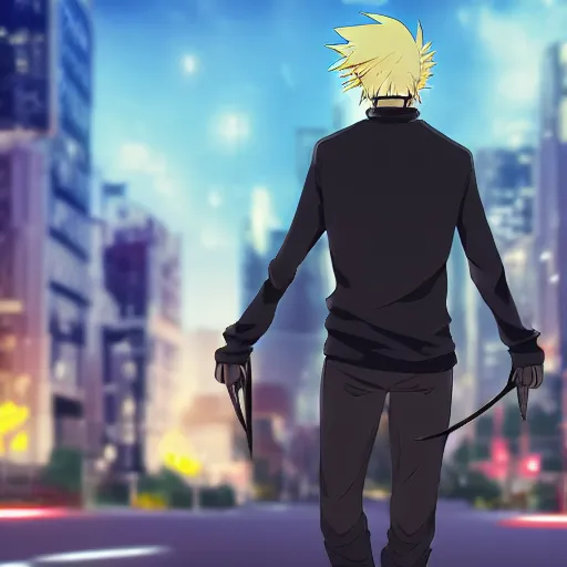 Image similar to a blonde man with a ponytail wearing black clothes wanders through a city at night, anime, 4k