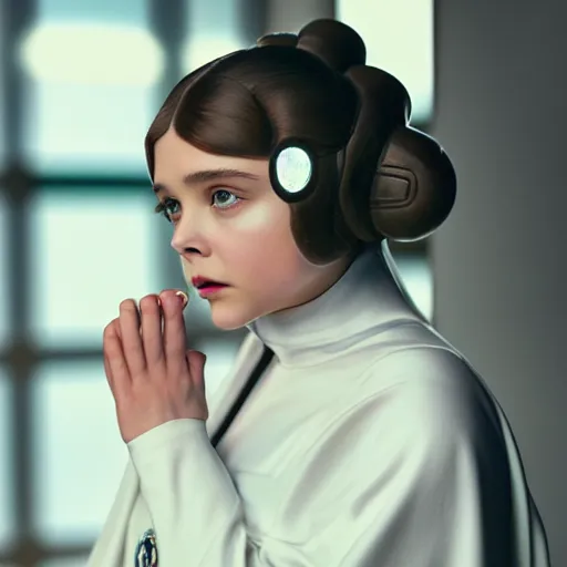 Prompt: Adult Chloe Moretz as Princess Leia, XF IQ4, 150MP, 50mm, f/2.8, ISO 200, 1/400th, natural light