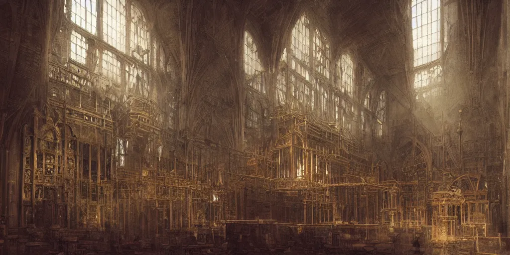 Prompt: interior, pipe organ factory, fantasy, medieval, ghostly smoke, highly detailed, Artstation, oil on canvas painting by Canaletto and alan lee and john howe