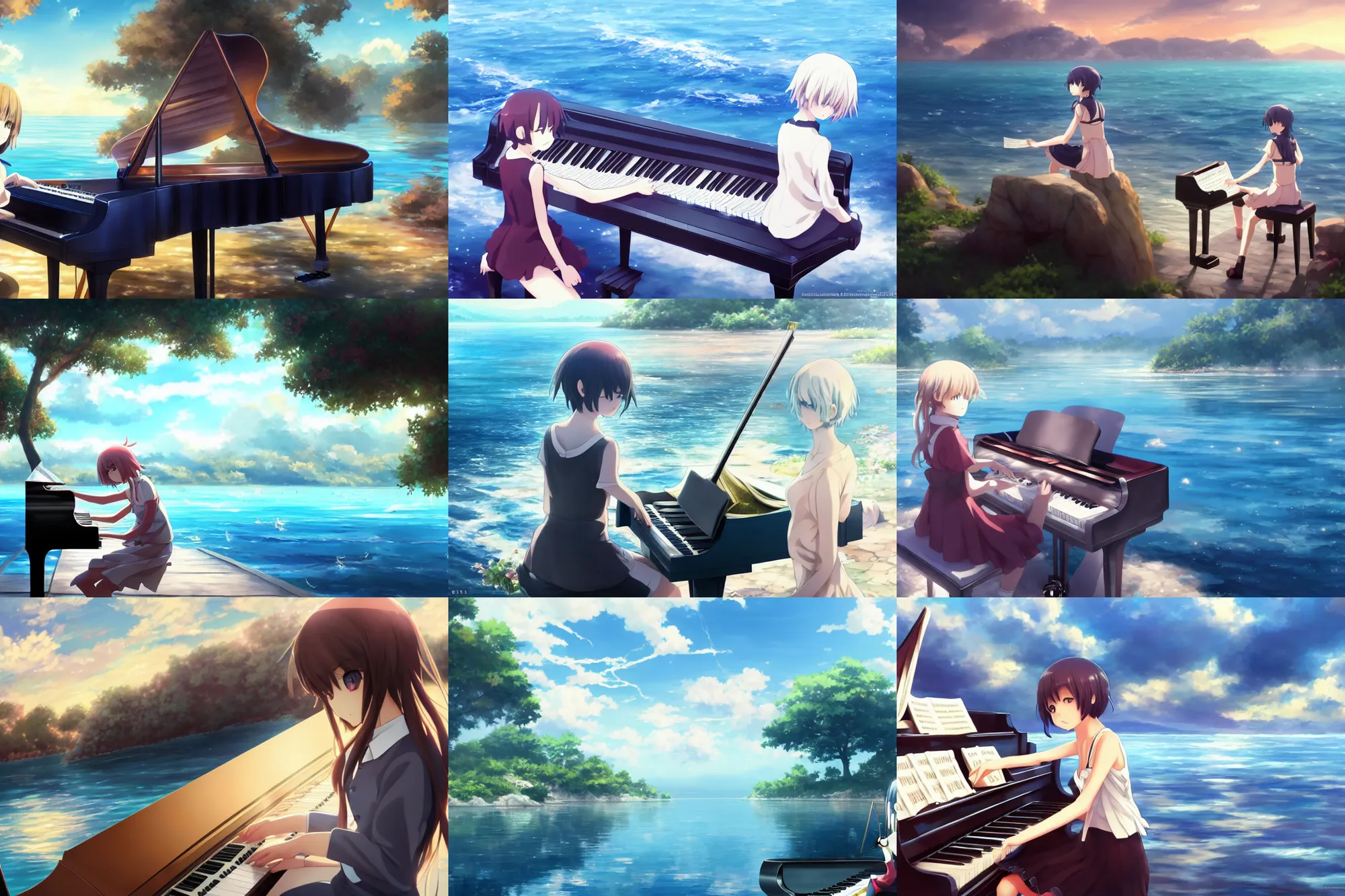 Prompt: Anime girl playing piano on blue water, distance!!!!!!!, landscape, Cushart Krenz, Shinkai Makoto, lots of details, extremely detailed, 4k