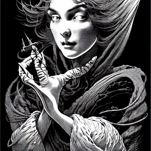 Image similar to portrait soft light, by bernie wrightson and joe fenton, inspired victorian sci - fi, etching, fine, sharp high detail, screen print,