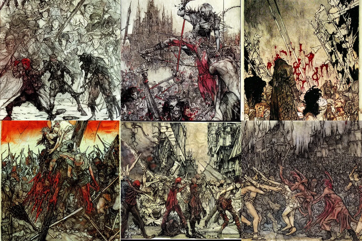 Prompt: blood flood and anarchy. painting by arthur rackham and milo manara.