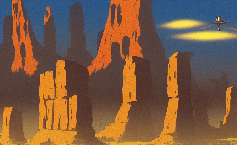 Image similar to a realistic cell - shaded studio ghibli concept art from paprika ( 2 0 0 6 ) of a multi - colored ufo from close encounters of the third kind ( 1 9 7 7 ) in a flooded monument valley temple stonehenge jungle. a giant camel is in the foreground. very dull colors, portal, hd, 4 k, hq