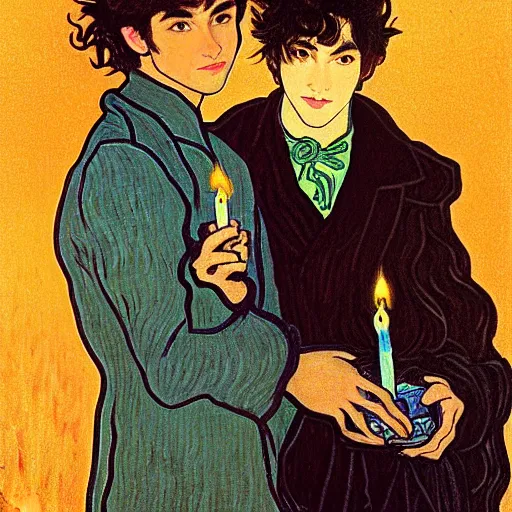 Image similar to painting of young cute handsome beautiful dark medium wavy hair man in his 2 0 s named shadow taehyung and cute handsome beautiful min - jun together at the halloween party, bubbling cauldron, candles, smoke, tarot, autumn colors, elegant, stylized, soft facial features, delicate facial features, art by alphonse mucha, vincent van gogh, egon schiele