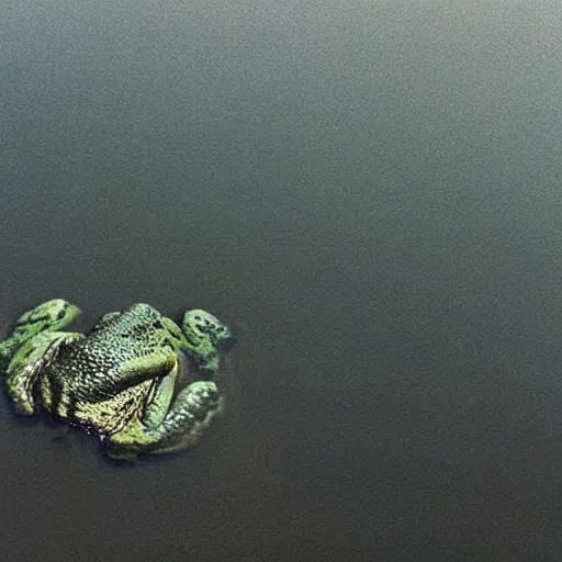 Image similar to “semitranslucent smiling frog amphibian rising above the waters of misty lake in Jesus Christ pose, low angle, long cinematic shot by Andrei Tarkovsky, paranormal, spiritual, mystical”