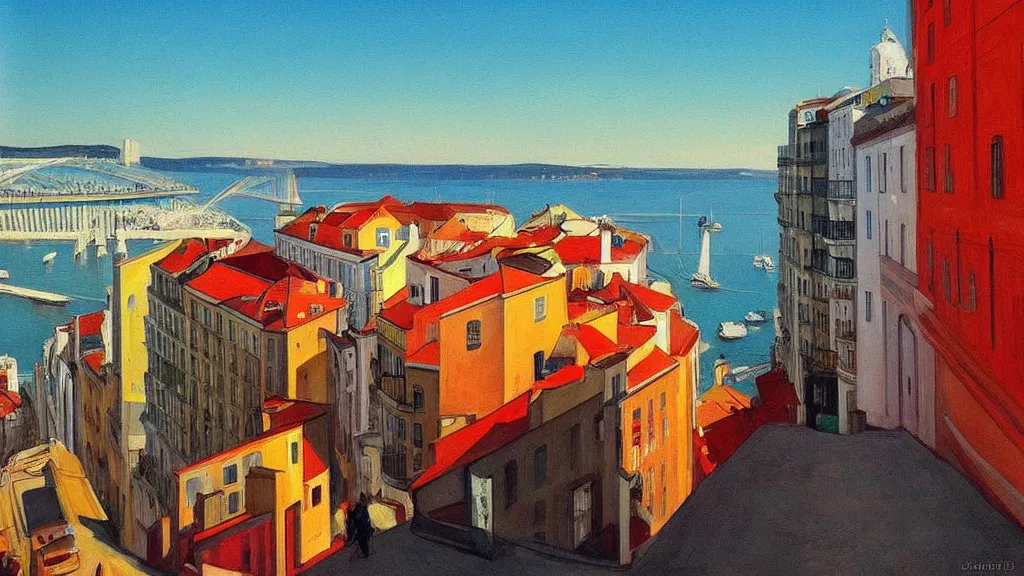 Prompt: Street art. paralyzed by the indescribable beauty of the cosmos. amazing view of the city of Lisbon. art style by Edward Hopper daring, incredible