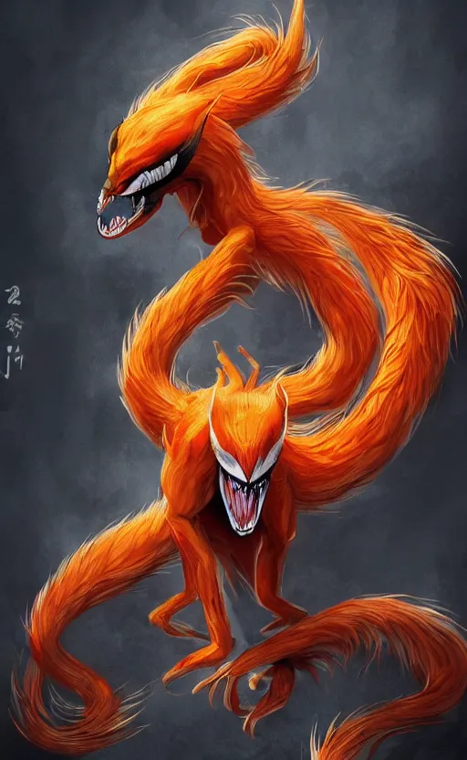 Prompt: venom as the nine tailed fox, kurama, dynamic lighting, photorealistic dark fantasy concept art, trending on art station, stunning visuals, creative, cinematic, ultra detailed