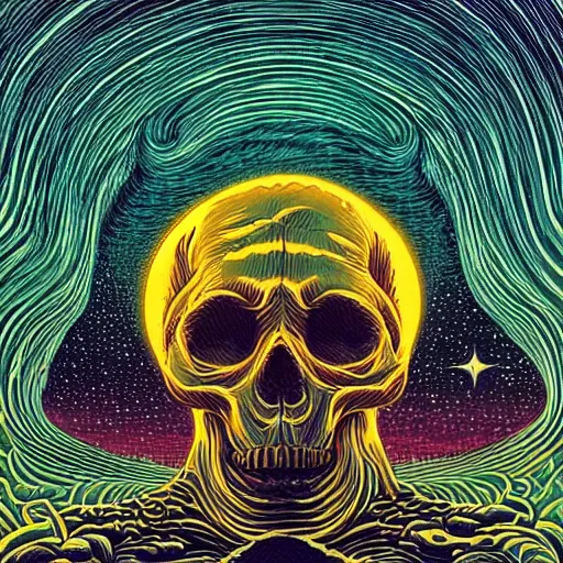 Prompt: ngc 3132 melting mysterious skull landscape by Casey Weldon, dan mumford 8k ultra high definition, upscaled, perfect compisition , golden ratio, edge of the world, image credit nasa nat geo