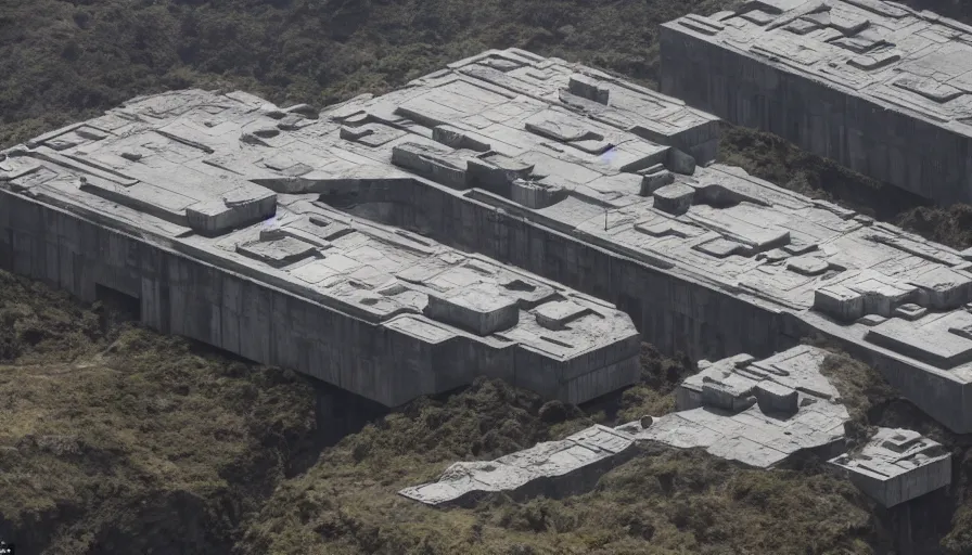 Image similar to big brutalist imperial military base on cliffs, drawing architecture, very long shot, top angle, imperial architecture in rogue one, pritzker architecture prize, brutalism architecture, jan urschel, greig fraser