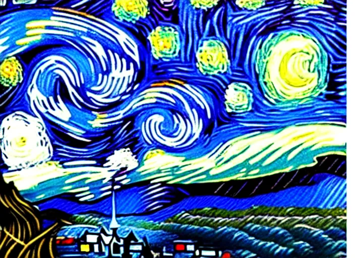 Image similar to starry night vii poster but the black is white and the dark blue is light, deep detailed