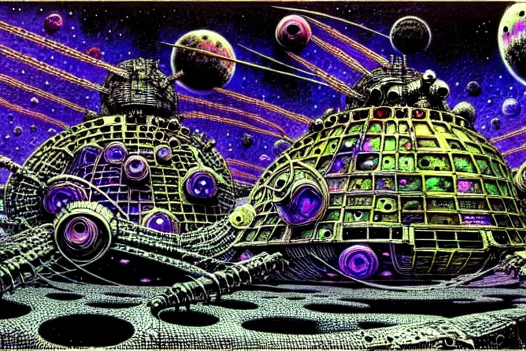 Image similar to ian miller, rotten space station, floating in psychedelic space nebula, highly detailed