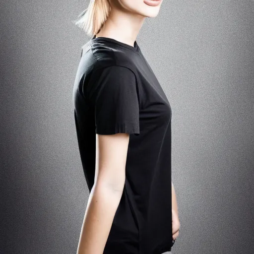 Prompt: clear photorealistic mockup product photograph of a blank black tshirt on an attractive female model in front of an indoor background - h 7 0 4