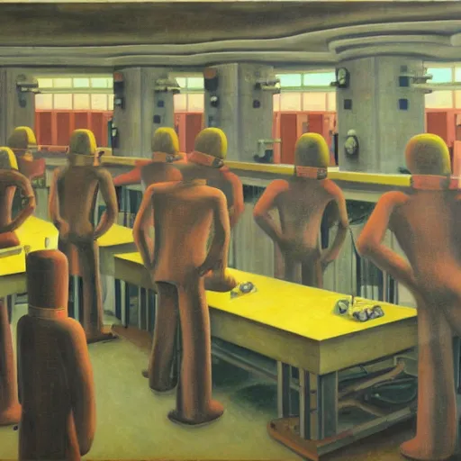 Image similar to drab slave human workers building robots, watched by fascist robots, brutalist factory, dystopian, pj crook, edward hopper, oil on canvas