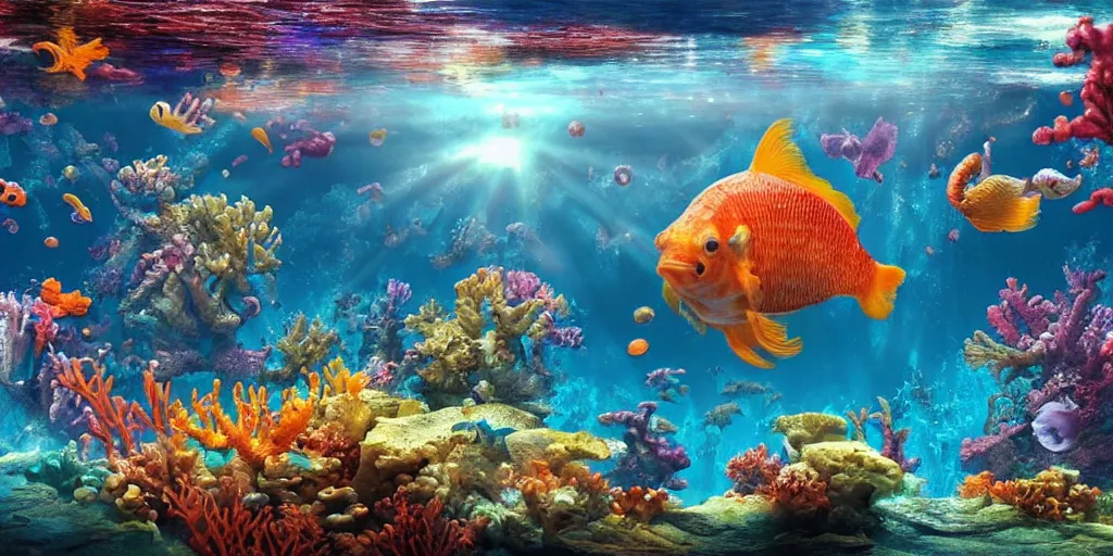 Image similar to beautiful underwater scene. an ancient ship sunk in the abyssvery shiny water. colorful fish. seahorse. goldfish. coral, water flowers. beautiful lighting, 4 k post - processing, highly detailed, 5 k extremely detailed, 3 d. sun is highlighting the bubbles. render in octane and cryengine. painterly detailed matte painting, by albert bierstadt