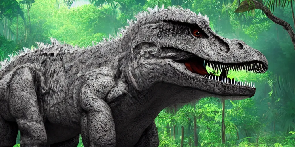 Image similar to photo realism, fluffy tyrannosaurus rex, jungle background, 4 k, detailed