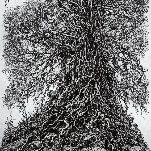 Prompt: black micron pen illustration, The Hag Tree by Ian Miller, white background, artstation