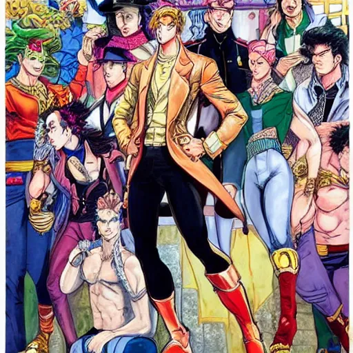 Image similar to a beautiful painting of jojo with superpowers posing for a picture on a city street by hirohiko araki, detailed line art, jojos bizarre adventure
