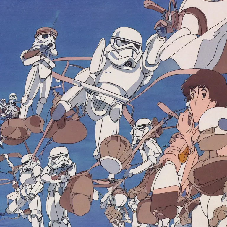 Image similar to 1 9 9 0 studio ghibli animation cel still from nausicaa of the valley of the wind of a portrait of a storm trooper